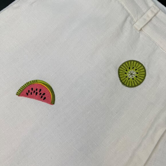 Jillian Jones Wide-Leg Linen Pants Cropped Women’s Sz 12 White Fruit Embroidery - Picture 5 of 15